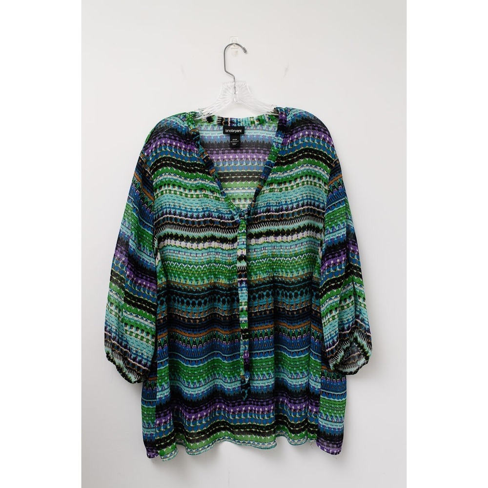 Lane Bryant Blouse Shirt Women's 26/28 3/4 Puff Sleeves Neck Tie stripe sheer
